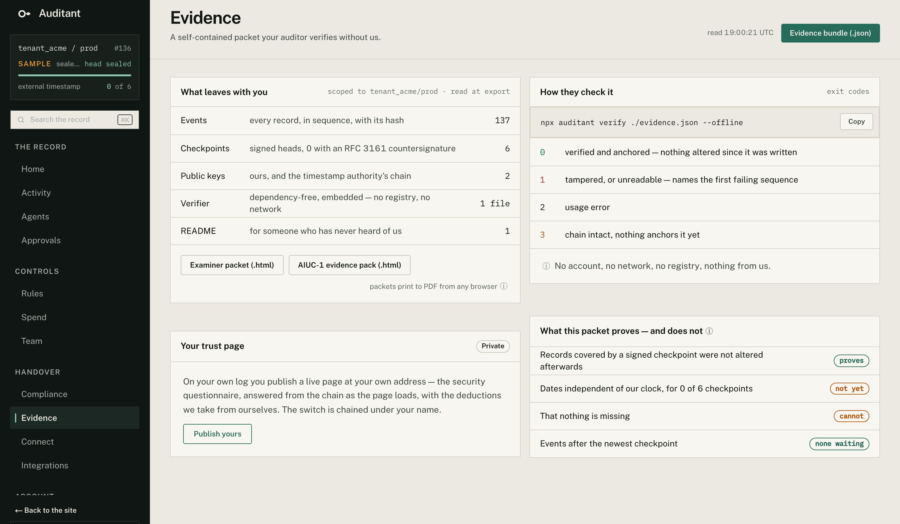 The Evidence page in the live Auditant console