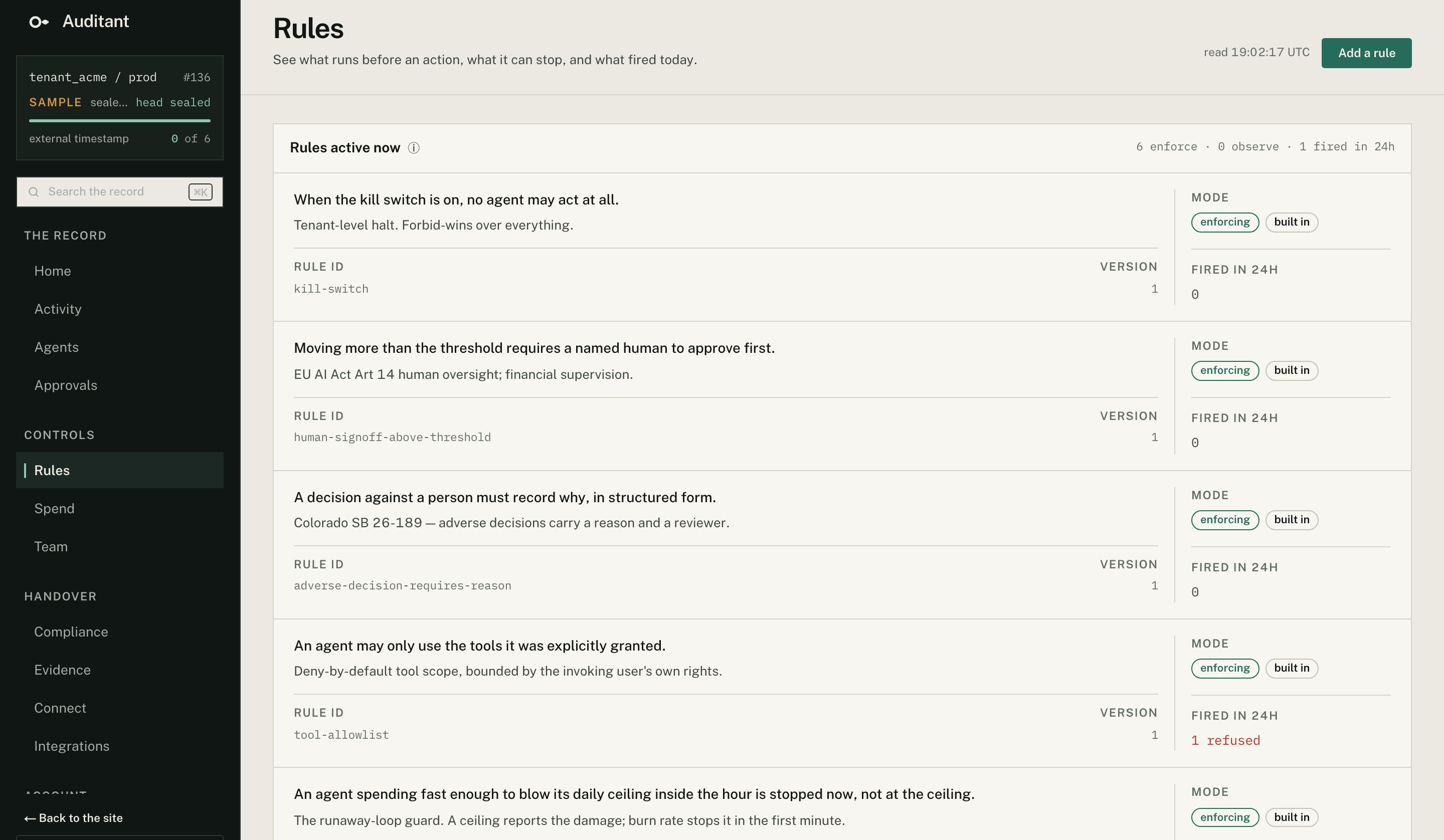 The Rules page in the live Auditant console